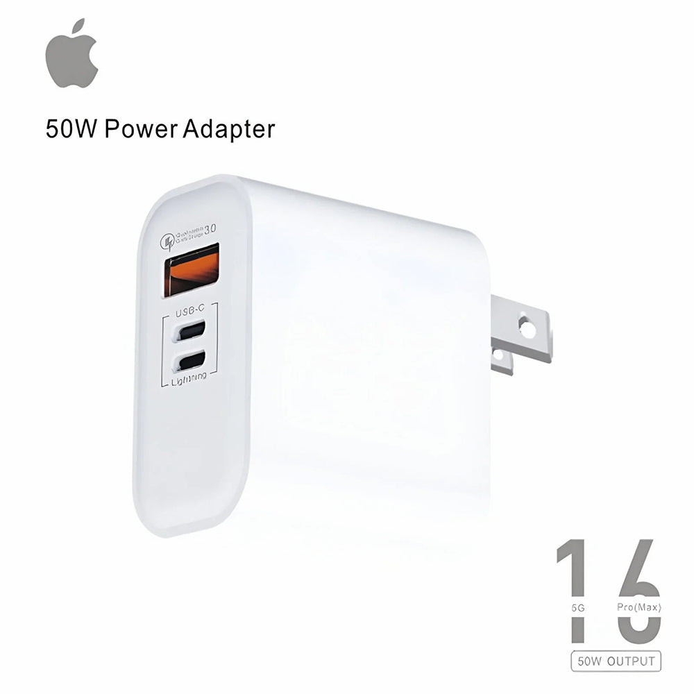 IPHONE 16 PRO MAX 50W POWER ADAPTER WITH 3 PORTS ( USB-A USB-C OR LIGHTNING )