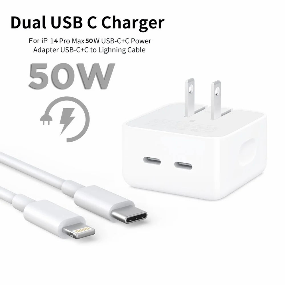 IPHONE 14 Pro 2 Pin (US PIN) 50W USB-C+C POWER Adapter With USB-C TO LIGHTINING CABLE