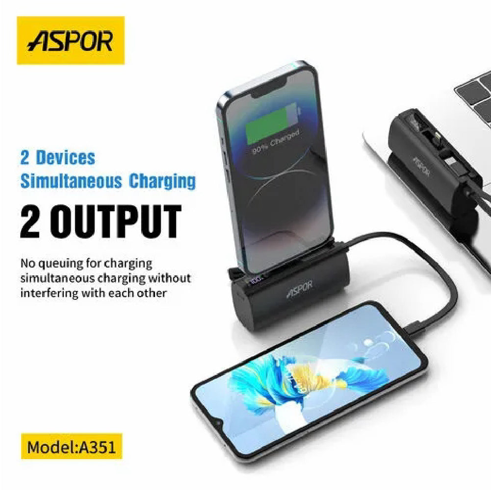 Aspor A351 2IN1 IPHONE & TYPE-C Flexible Portable Mini 5000mAh Power Bank