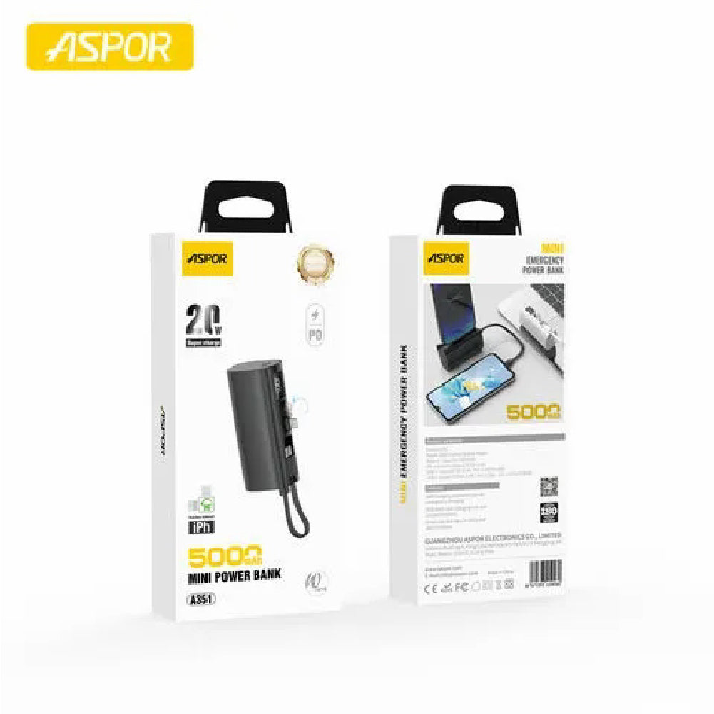 Aspor A351 2IN1 IPHONE & TYPE-C Flexible Portable Mini 5000mAh Power Bank