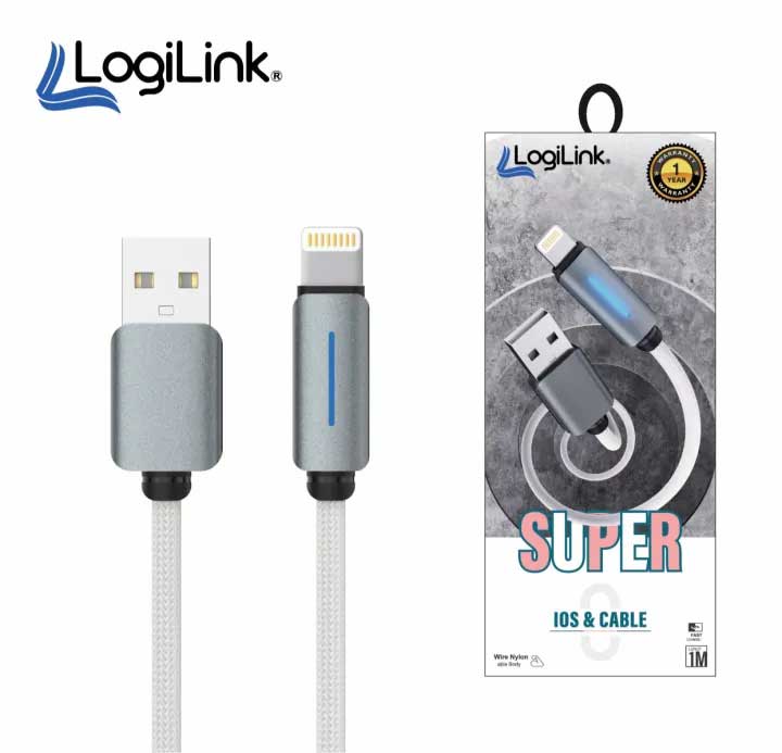 LOGILINK TYPE C TO TYPE C NYLON FAST CHARGING DATA CABLE WITH LIGHT 1M (1 YEAR WARRANTY WHITE)