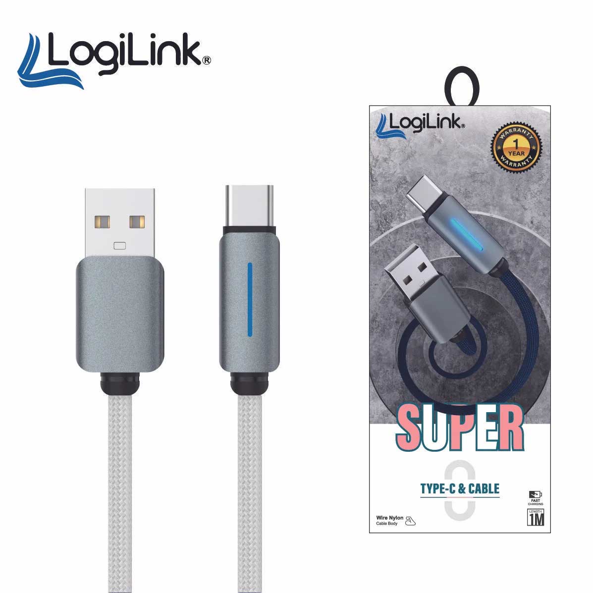 LOGILINK USB TO TYPE C NYLON FAST CHARGING DATA CABLE 1M WITH LIGHT (1 YEAR WARRANTY) WHITE