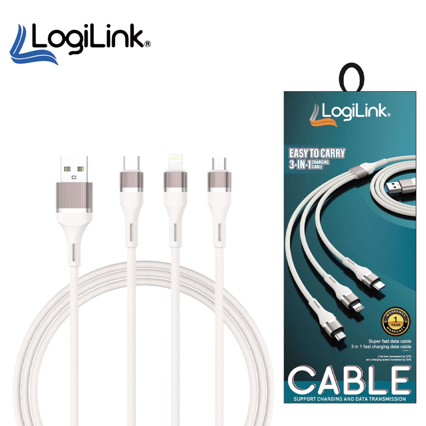 LOGILINK 3IN1 USB TO MICRO/TYPE C/IPHONE NYLON DATA CABLE 6A FAST CHARGING 1M WITH 1 YEAR WARRANTY WHITE