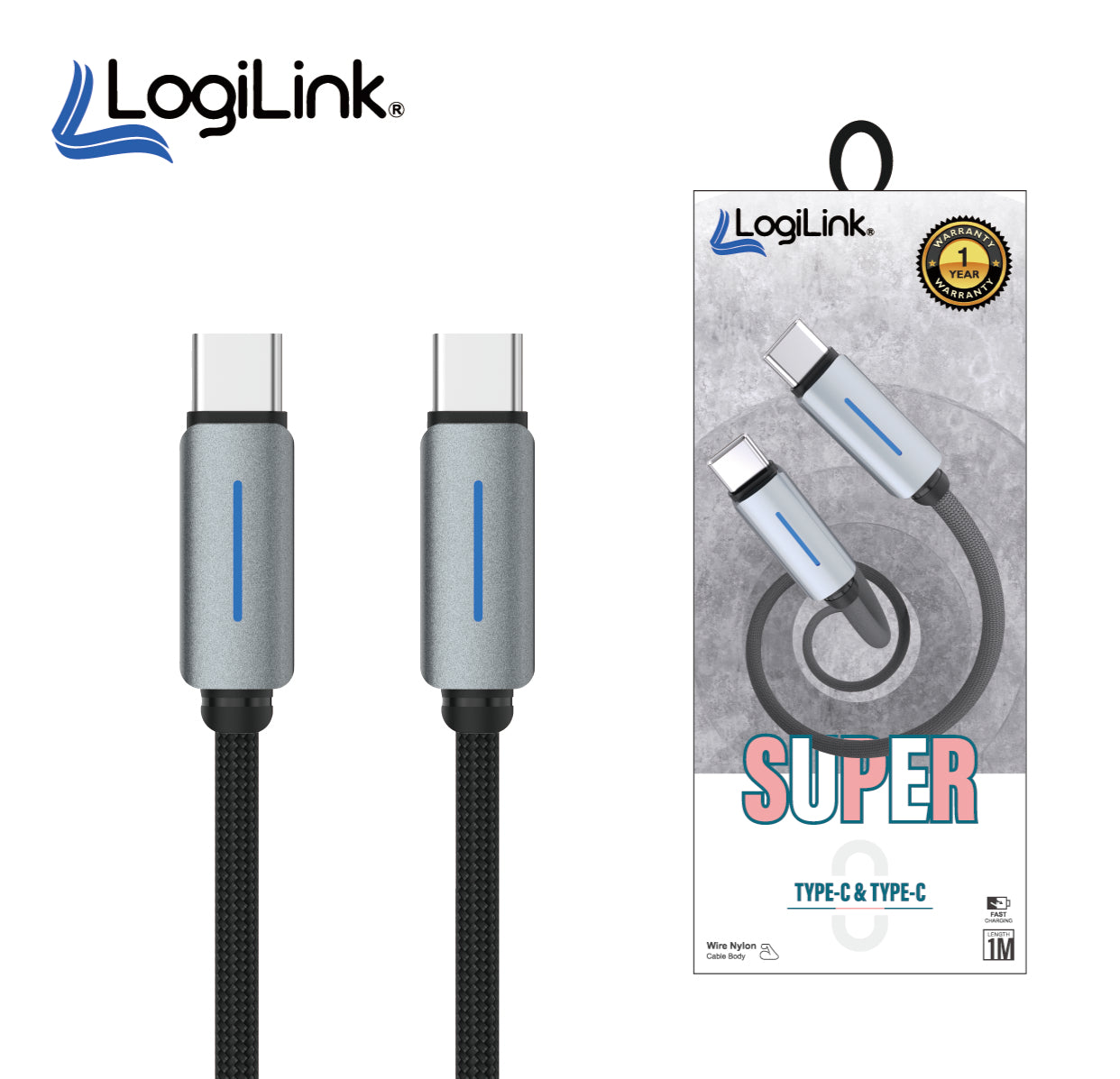 LOGILINK TYPE C TO TYPE C NYLON FAST CHARGING DATA CABLE WITH LIGH1M (1 YEAR WARRANTY) BLACK