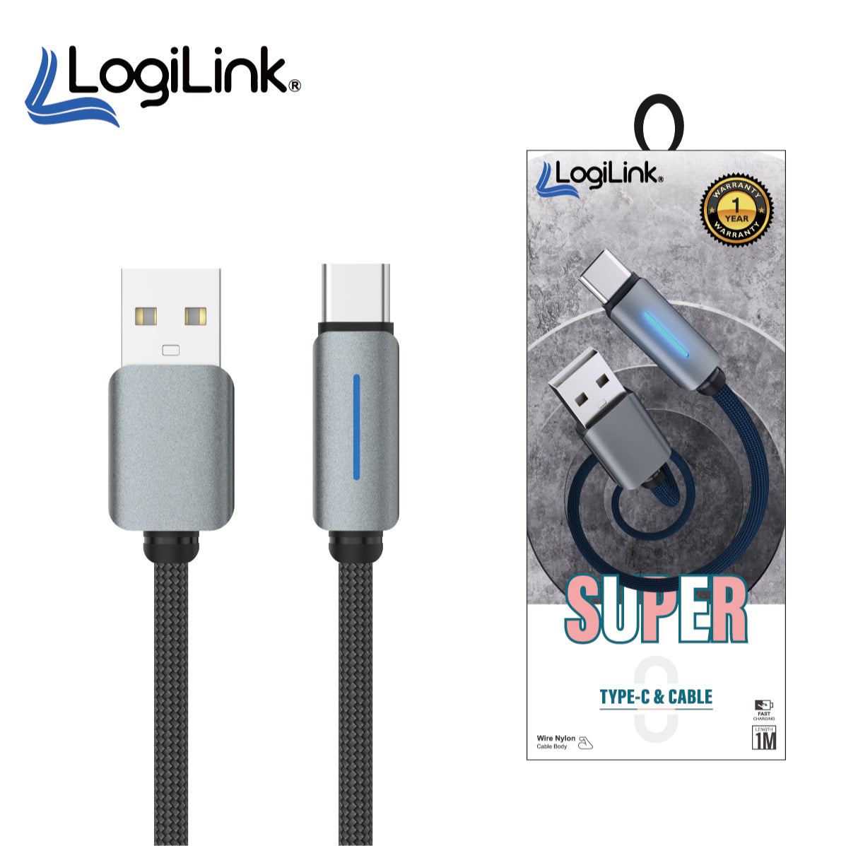 LOGILINK USB TO TYPE C NYLON FAST CHARGING DATA CABLE WITH LIGHT 1M (1 YEAR WARRANTY) GREY