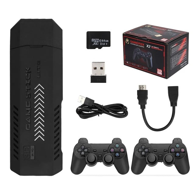 X2 64GB PLUS RETRO 3D 32000+ VIDEO GAMES 4K HD OUTPUT GAME STICK WITH 2 WIRELESS CONTROLLERS