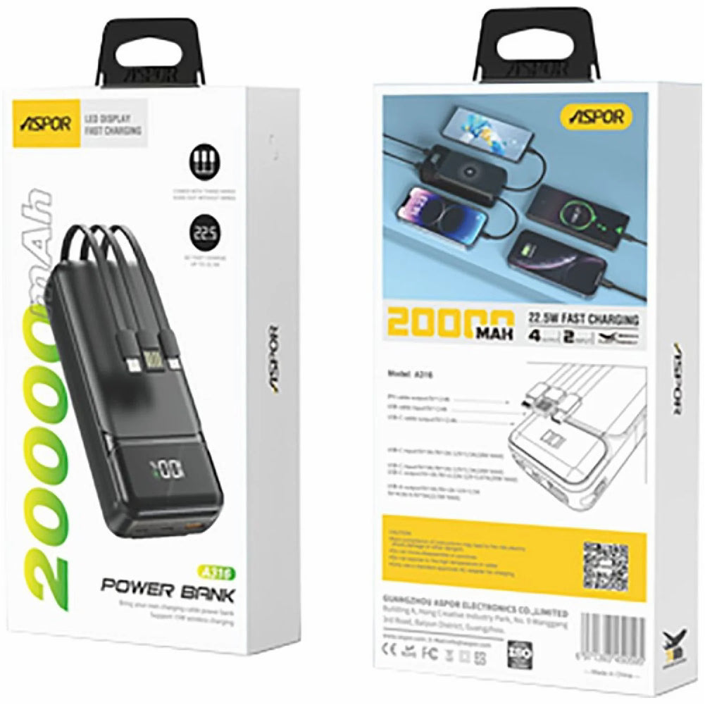 ASPOR A316 20000MAH 22.5W HIGH SPEED BUILT IN CABLE FAST CHARGING POWER BANK BLACK