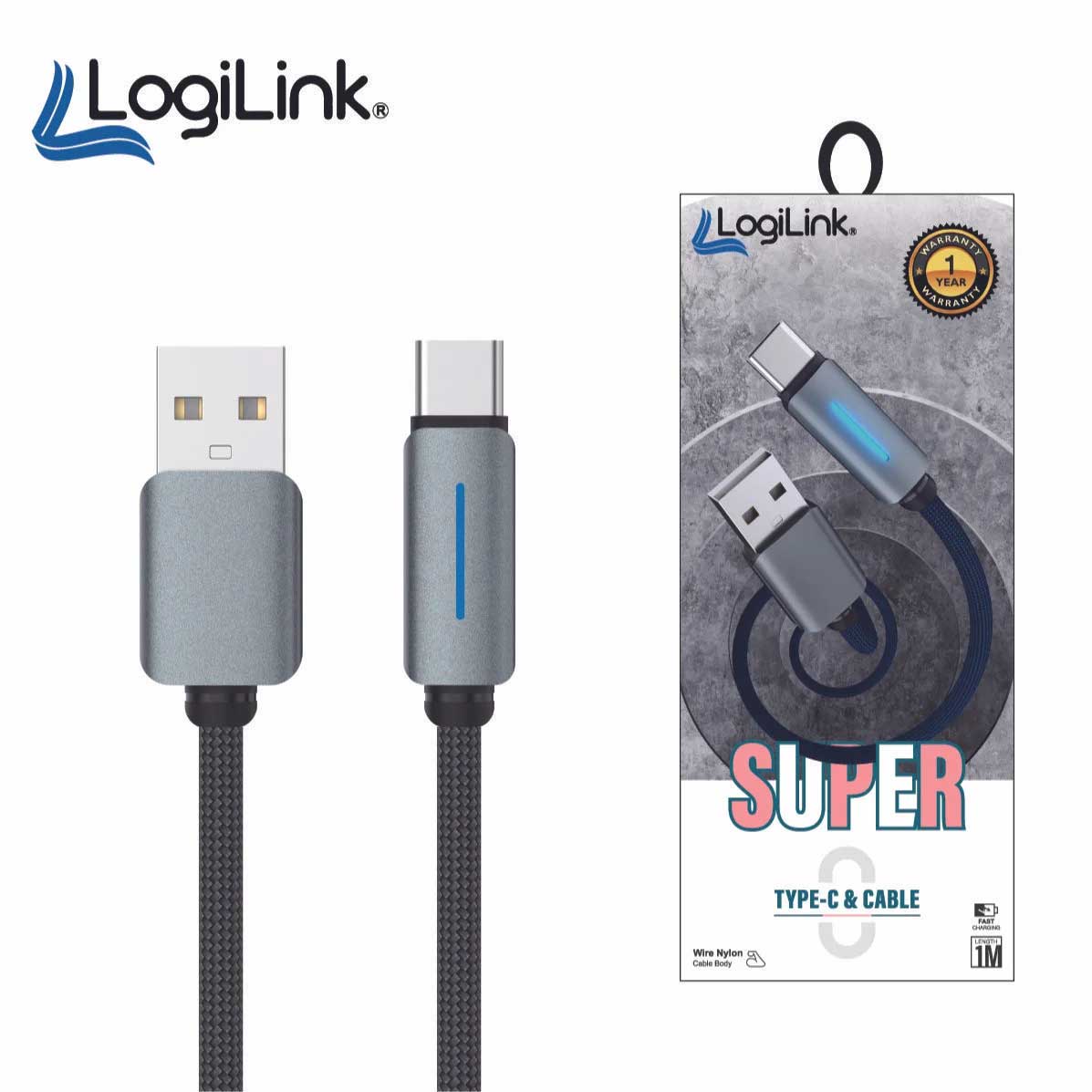 LOGILINK USB TO TYPE C NYLON FAST CHARGING DATA CABLE WITH LIGHT 1M (1 YEAR WARRANTY) GREY
